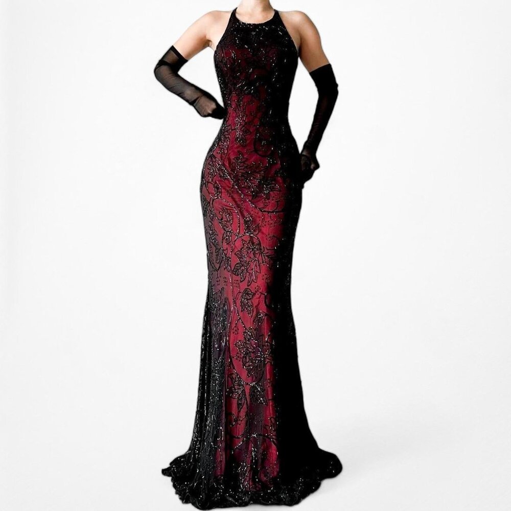 Vintage Burgundy Red Floral Beaded Silk Bodycon Maxi Formal Prom Dress Size S/M - Picture 2 of 8